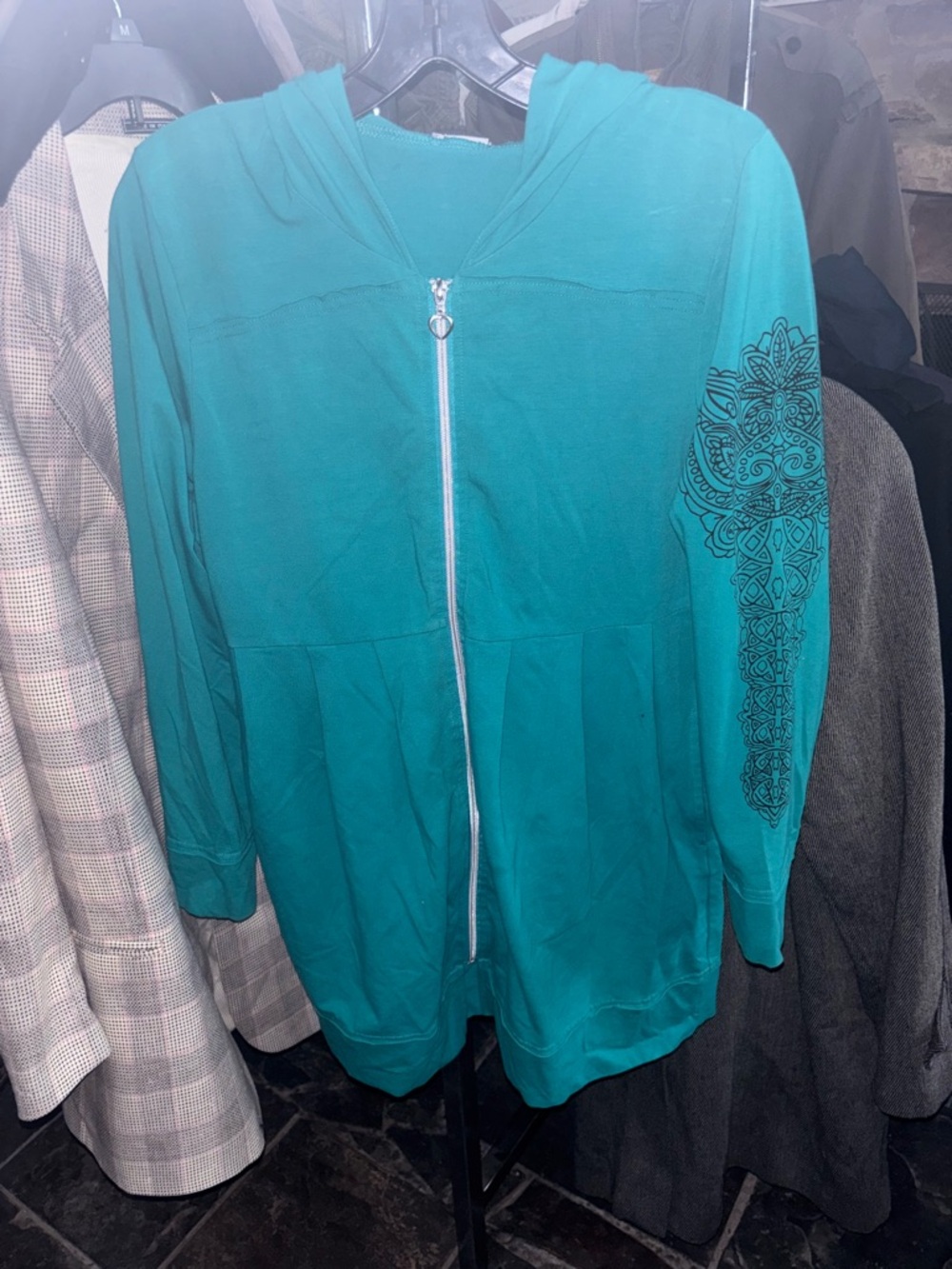 Monroe & Main Teal Zip Hoodie with Sleeve Print